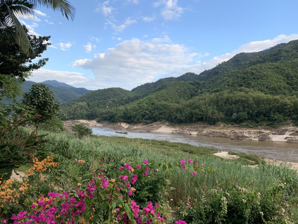 Mekong River cruise with seasonal flowers in Laos