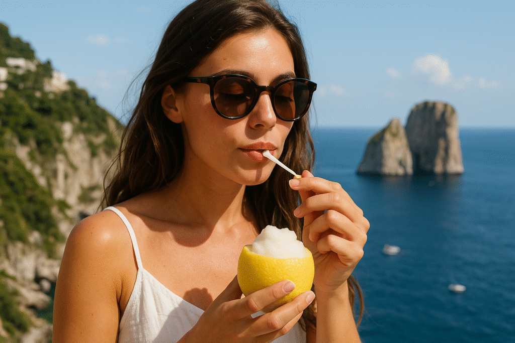 ai woman eating lemon sorbetto in capri