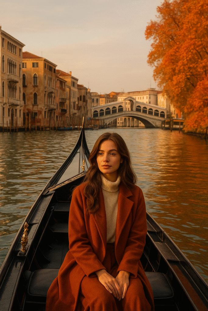 a beautiful woman on gondola in venice ai
