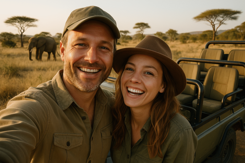 a happy couple in south africa on a safari
