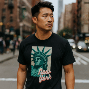 asian man wearing new york statue of liberty t shirt ikigai mindset