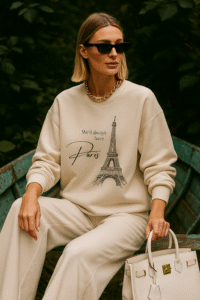 beautiful woman wearing we'll always have paris sweatshirt beautiful woman wearing we'll always have paris sweatshirt