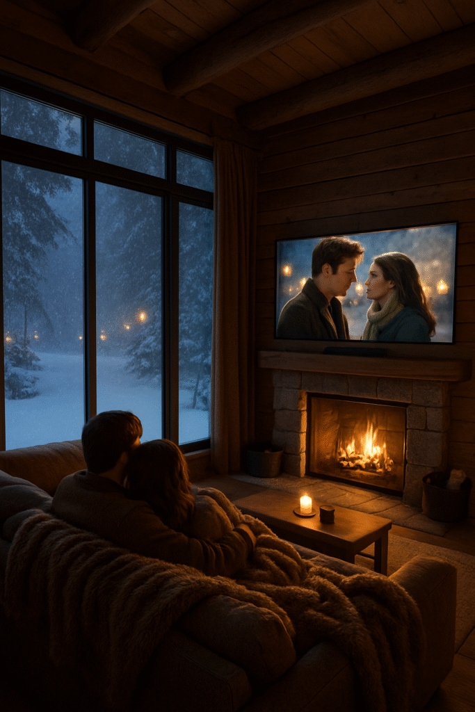 couple in love in a cabin watching romantic movies