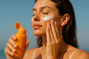 woman applying sunscreen woman applying sunscreen