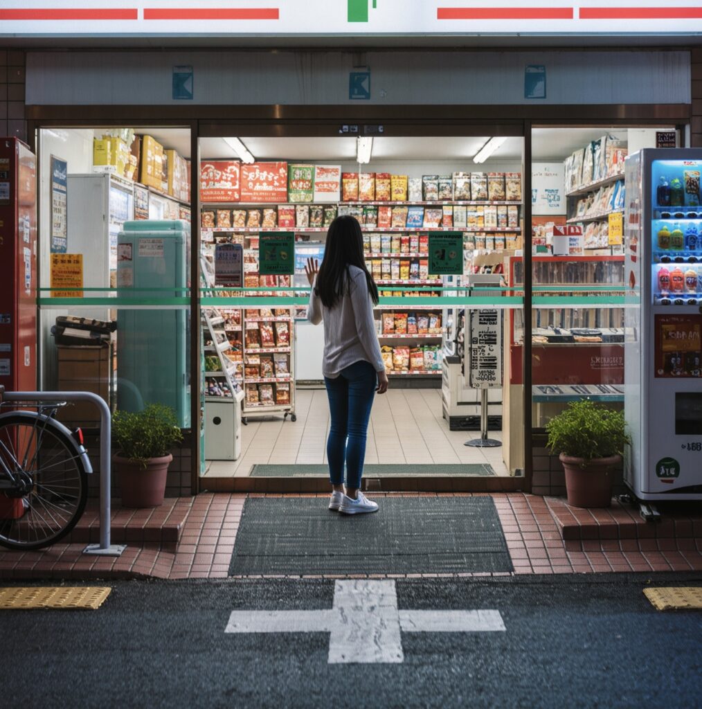 woman standing in fornt of konbini in japan