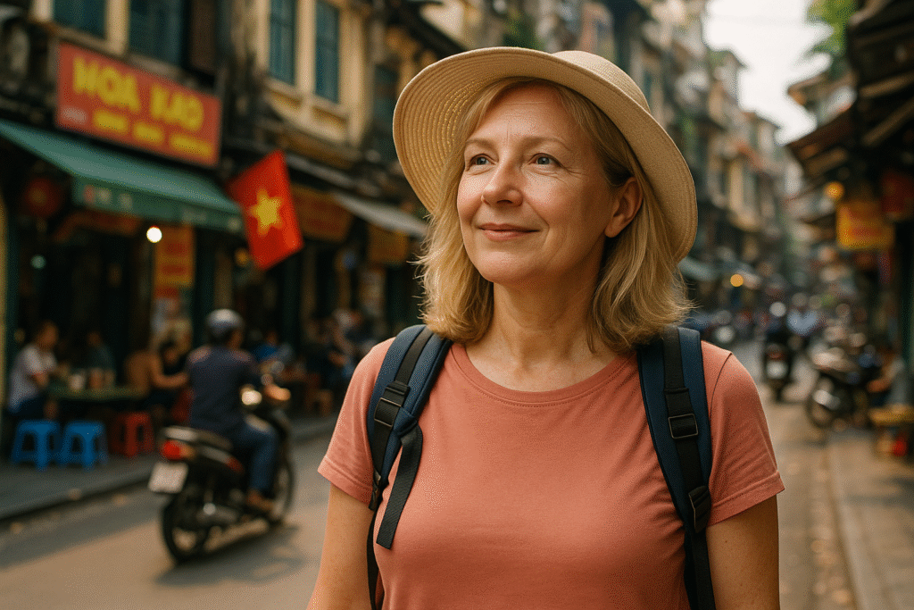 a blonde middle aged tourist female solo in vietnam hanoi